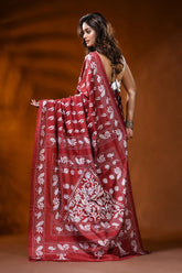 Brick red kantha embroidery silk saree with paisley floral motif 5