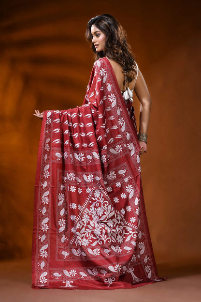 Brick red kantha embroidery silk saree with paisley floral motif 5