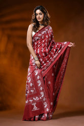 Brick red kantha embroidery silk saree with paisley floral motif 4
