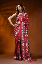 Brick red kantha embroidery silk saree with paisley floral motif 1
