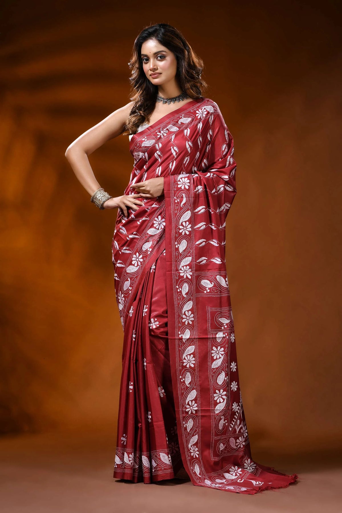 Brick red kantha embroidery silk saree with paisley floral motif 1