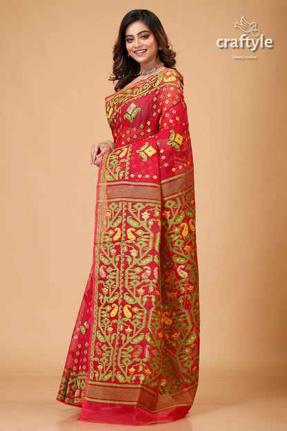 Bright Maroon and Green Jamdani Weave Saree-Craftyle