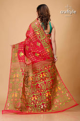 Bright Maroon and Green Jamdani Weave Saree-Craftyle