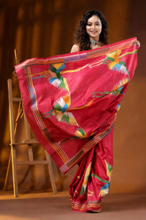 Bright maroon heron motif hand embroidered silk kantha stitch saree 4