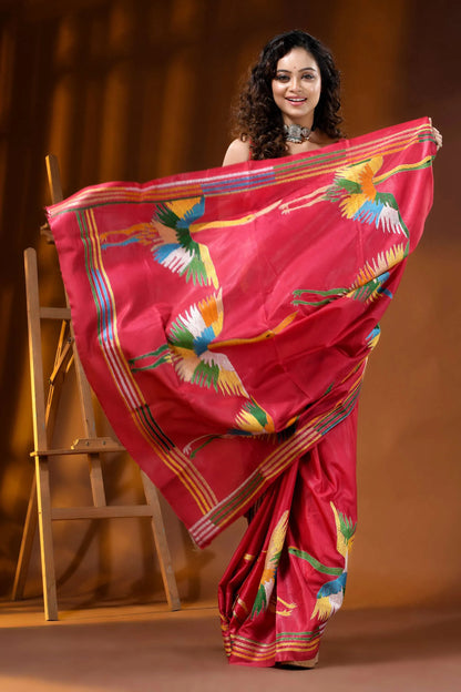 Bright maroon heron motif hand embroidered silk kantha stitch saree 4