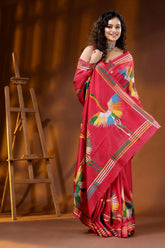 Bright maroon heron motif hand embroidered silk kantha stitch saree 6