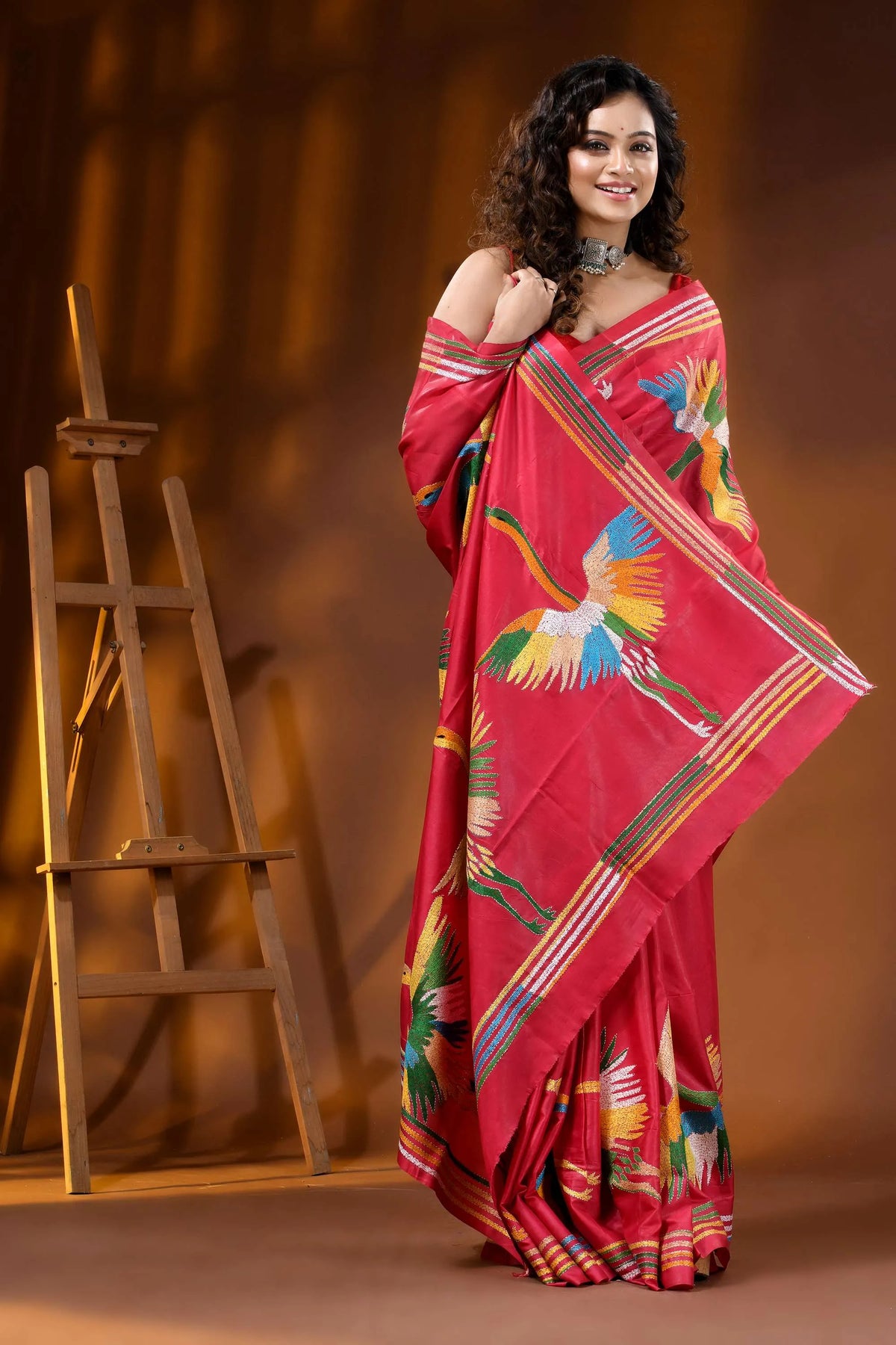 Bright maroon heron motif hand embroidered silk kantha stitch saree 6