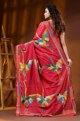 Bright maroon heron motif hand embroidered silk kantha stitch saree 5