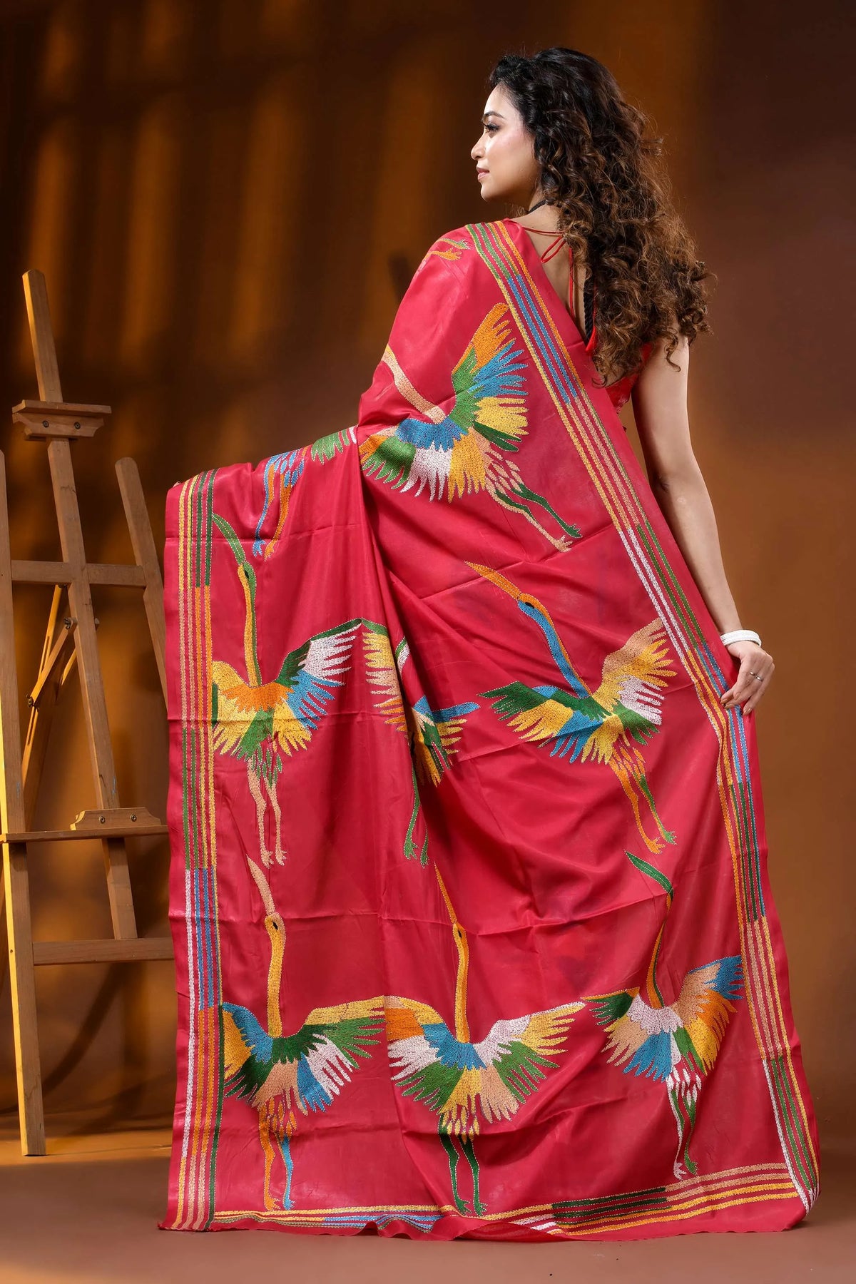 Bright maroon heron motif hand embroidered silk kantha stitch saree 5