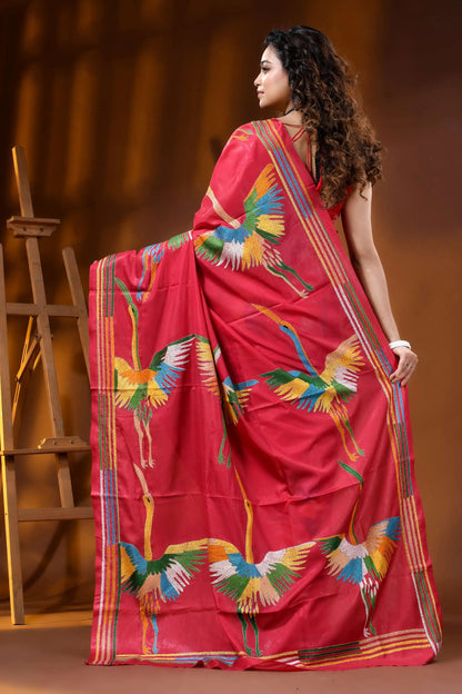 Bright maroon heron motif hand embroidered silk kantha stitch saree 5