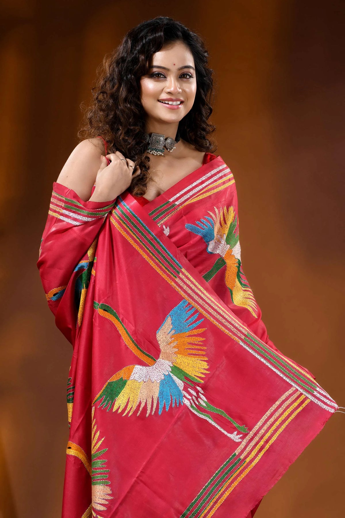 Bright maroon heron motif hand embroidered silk kantha stitch saree 2