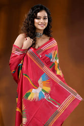 Bright maroon heron motif hand embroidered silk kantha stitch saree 2