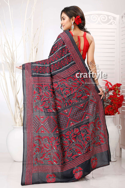 Bright Maroon Red and Black Silk Kantha Stitch Saree - Craftyle