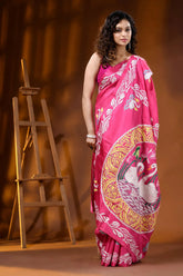 Bright pink swan motif hand embroidered silk kantha work saree 4