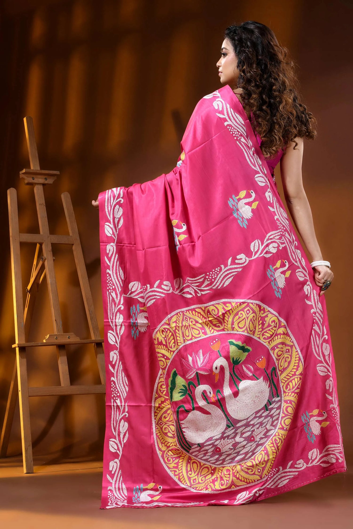 Bright pink swan motif hand embroidered silk kantha work saree 5