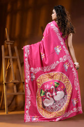 Bright pink swan motif hand embroidered silk kantha work saree 5