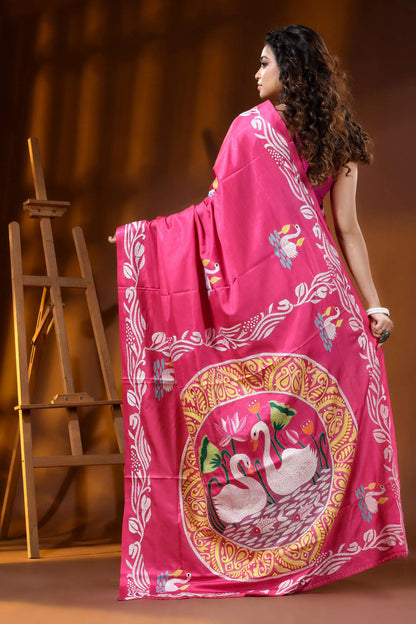 Bright pink swan motif hand embroidered silk kantha work saree 5