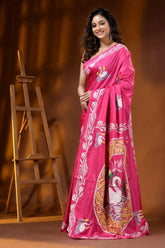 Bright pink swan motif hand embroidered silk kantha work saree 3
