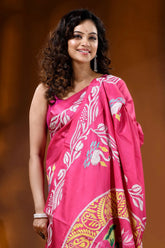 Bright pink swan motif hand embroidered silk kantha work saree 2