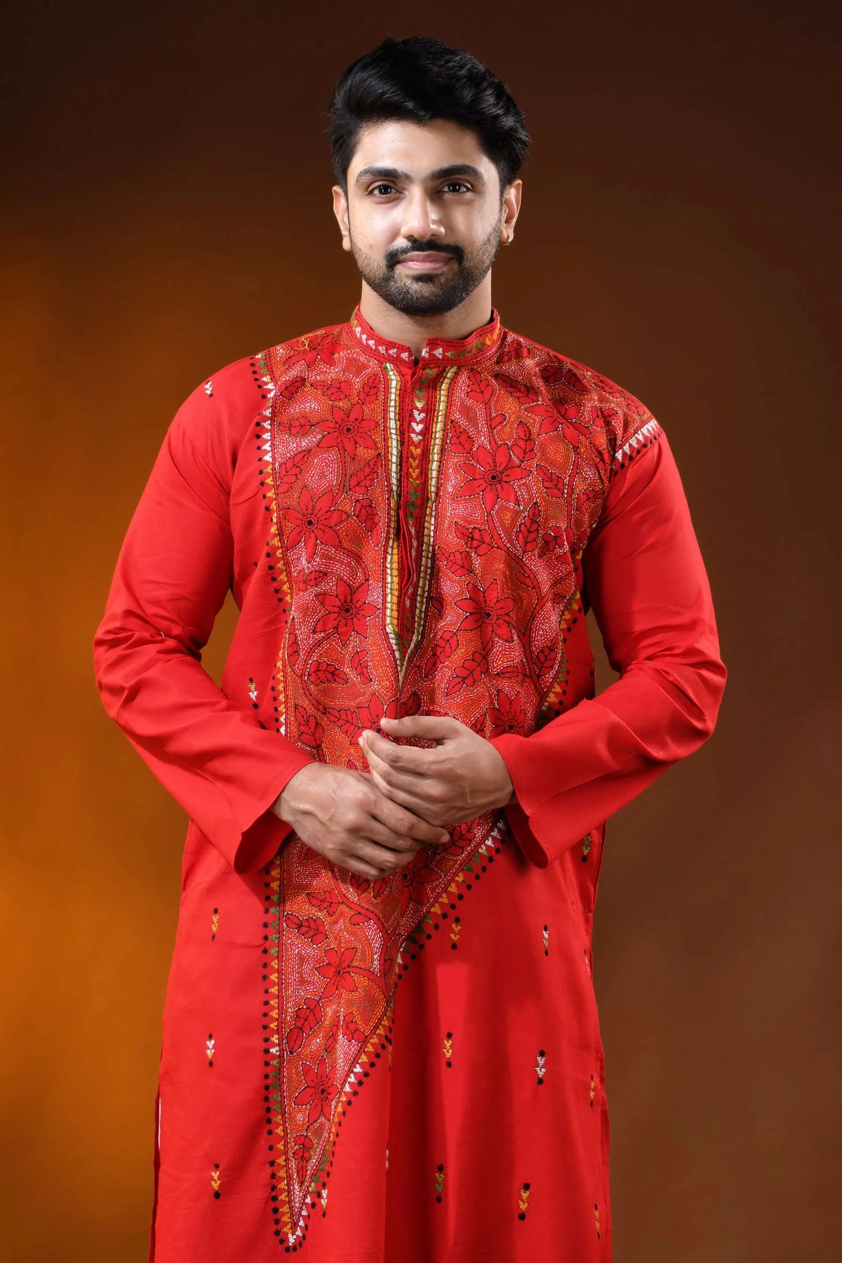 Bright red cotton kurta with floral kantha hand embroidery - reverse stitch 2