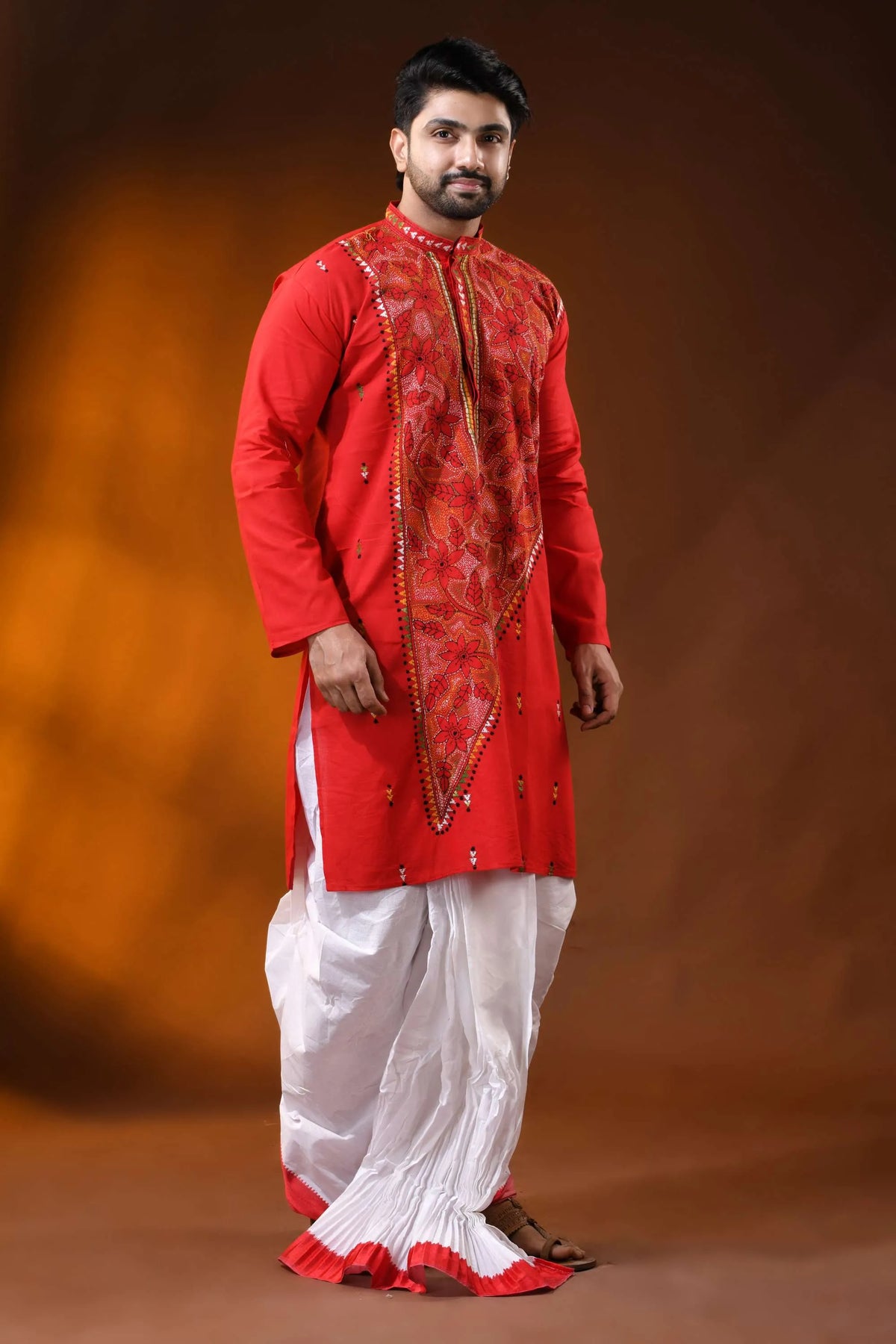 Bright red cotton kurta with floral kantha hand embroidery - reverse stitch 4