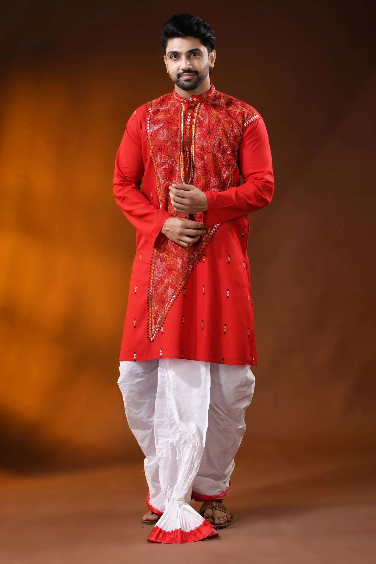 Bright red cotton kurta with floral kantha hand embroidery - reverse stitch 7