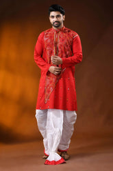 Bright red cotton kurta with floral kantha hand embroidery - reverse stitch 7