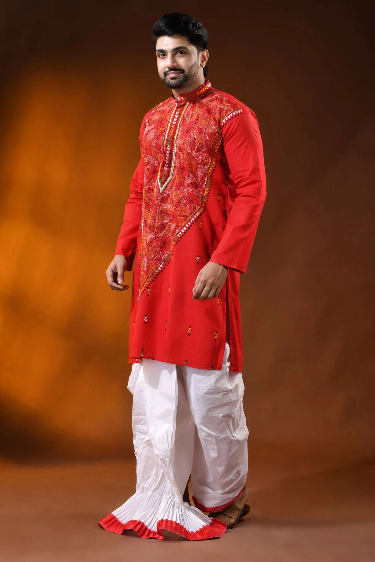 Bright red cotton kurta with floral kantha hand embroidery - reverse stitch 3