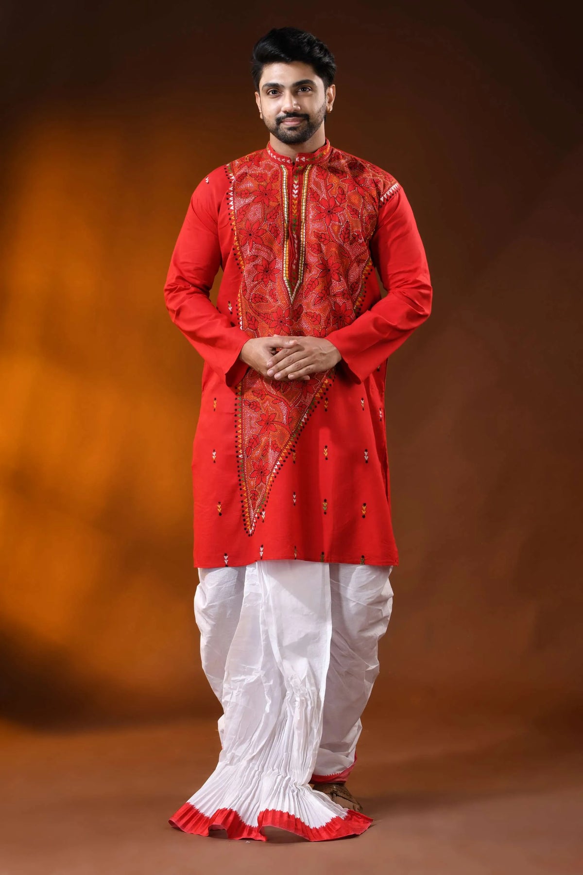 Bright red cotton kurta with floral kantha hand embroidery - reverse stitch 1