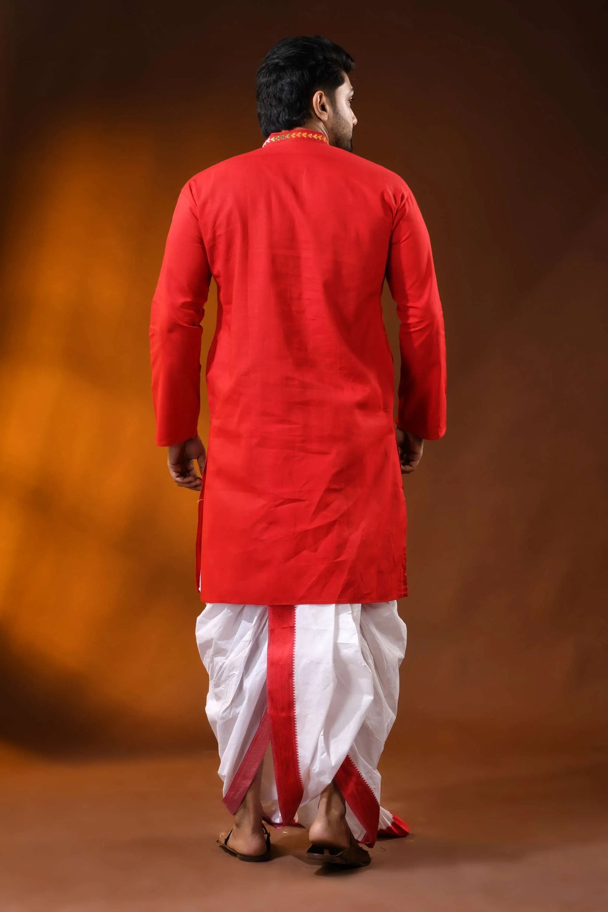 Bright red cotton kurta with floral kantha hand embroidery - reverse stitch 5