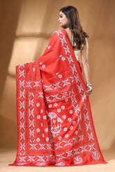 Bright red handmade swan motif floral silk kantha work saree vibrant red silk saree adorned 4