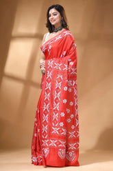 Bright red handmade swan motif floral silk kantha work saree vibrant red saree adorned intricate 3