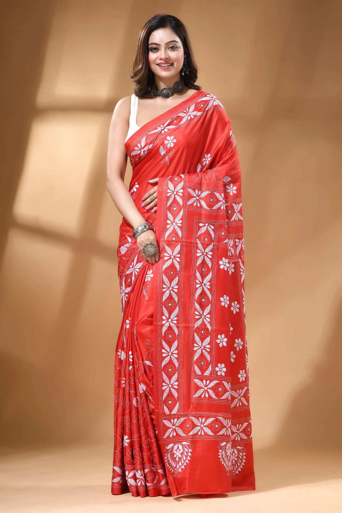 Bright red handmade swan motif floral silk kantha work saree 1