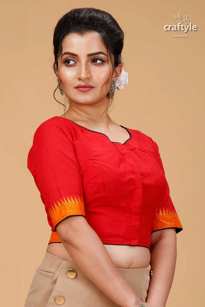 Bright red kantha patchwork blouse - designer pure cotton woman red blouse orange black 4