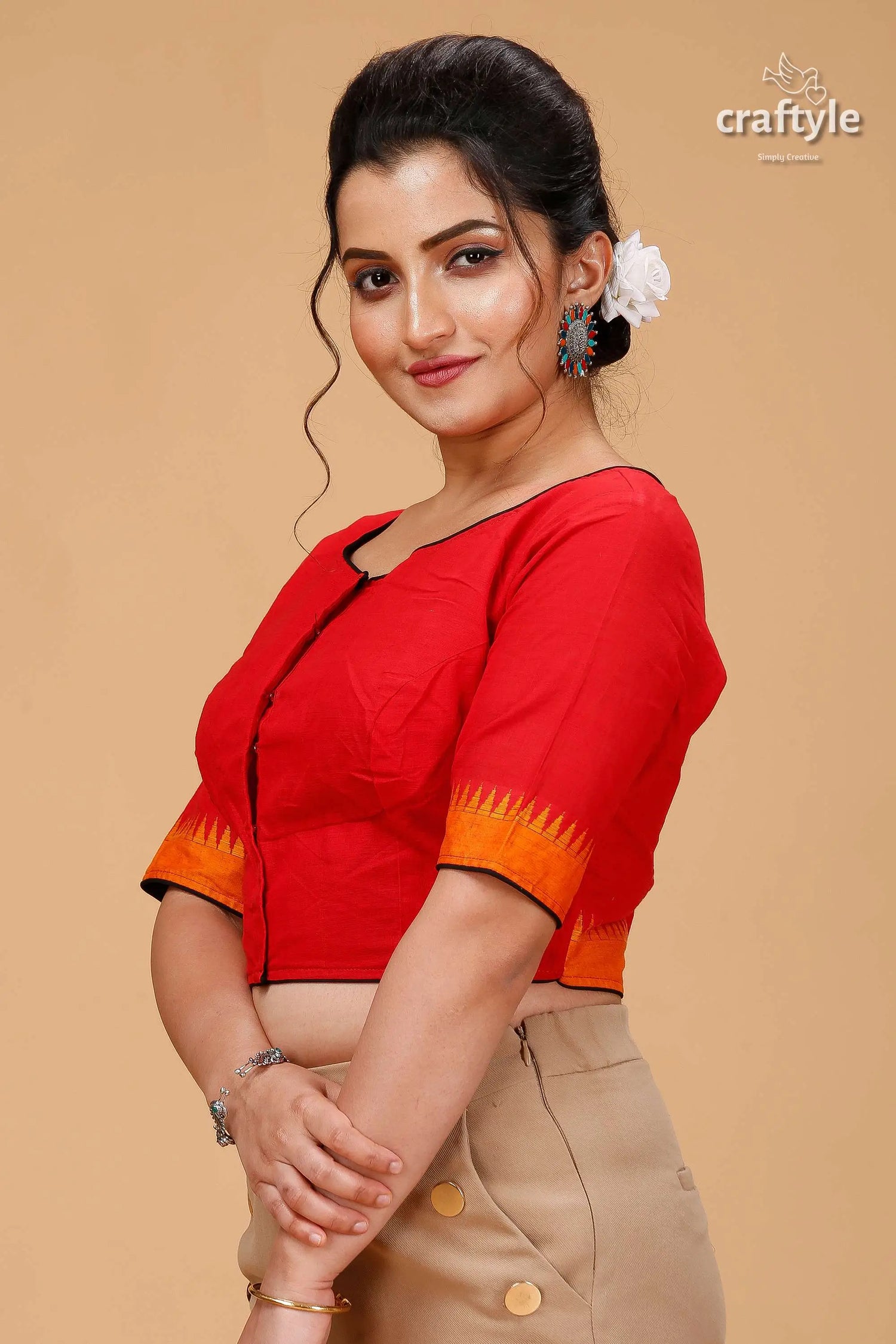 Bright red kantha patchwork blouse - designer pure cotton red blouse orange black trim 3