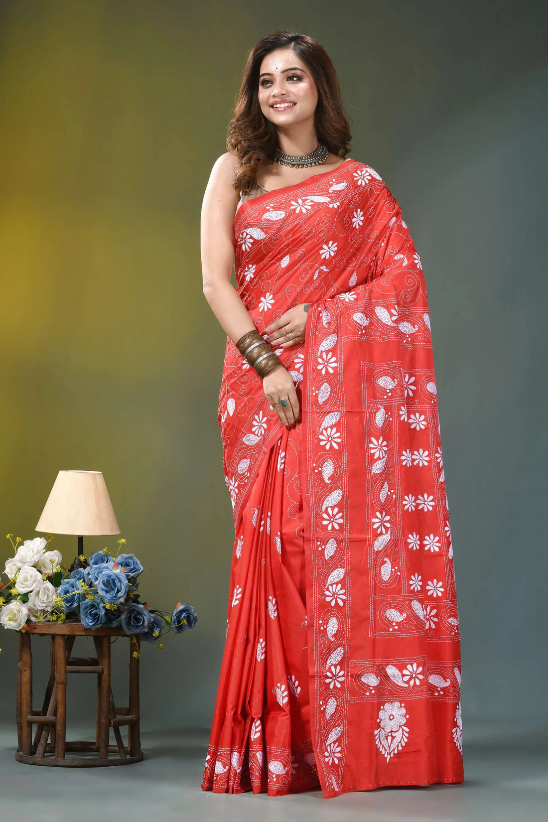 Bright red paisley motif hand embroidered kantha silk saree vibrant red saree intricate white 2