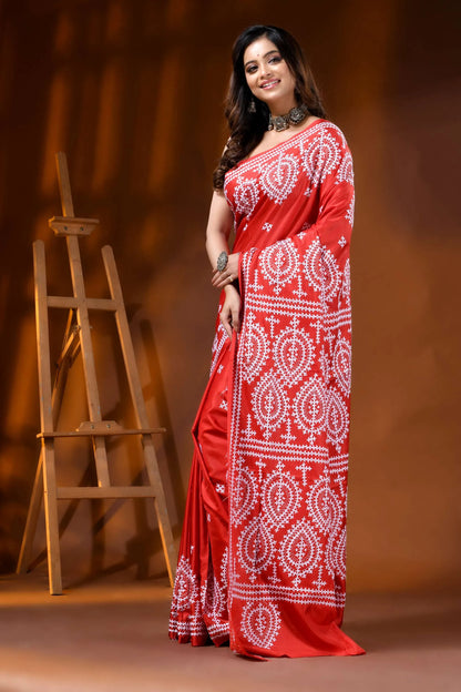 Bright red paisley silk kutch work saree - hand embroidered 4