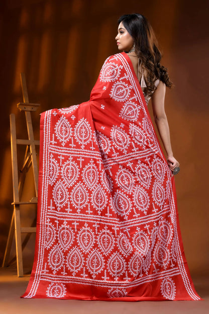 Bright red paisley silk kutch work saree - hand embroidered 6