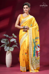 Bright sun yellow mythology theme silk kantha embroidery saree vibrant yellow silk saree intricate 1