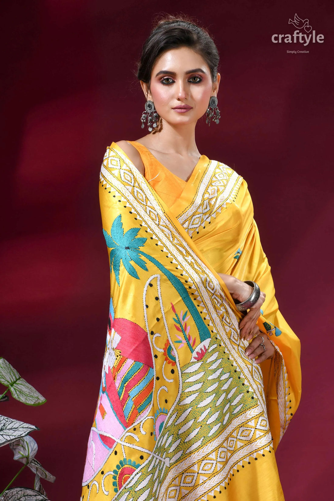 Bright sun yellow mythology theme silk kantha embroidery saree vibrant yellow saree intricate floral 2