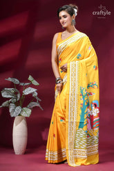 Bright sun yellow mythology theme silk kantha embroidery saree vibrant yellow silk saree intricate 3