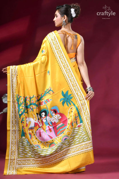 Bright sun yellow mythology theme silk kantha embroidery saree vibrant yellow silk saree intricate 5