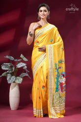 Bright sun yellow mythology theme silk kantha embroidery saree vibrant yellow silk saree intricate 6