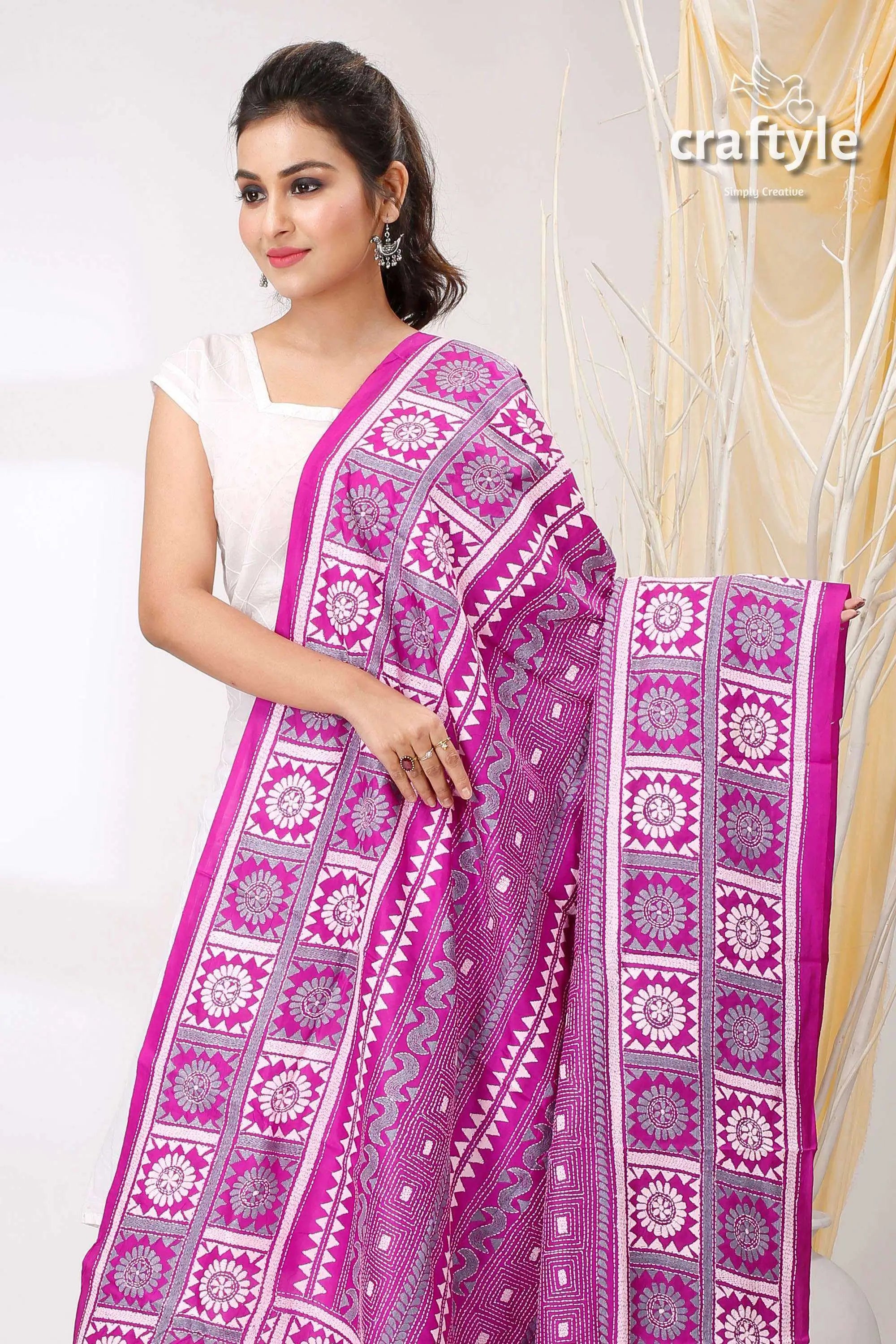 Bright violet pure silk kantha embroidered dupatta magenta patterned saree 2