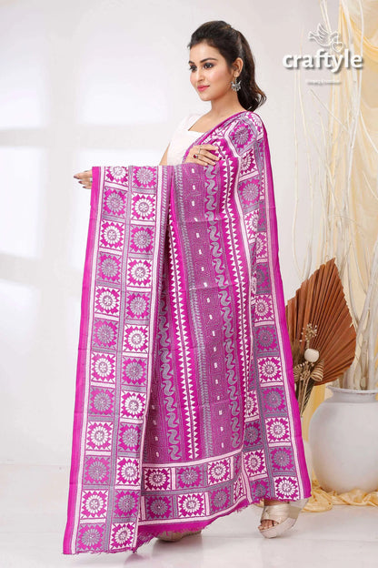 Bright violet pure silk kantha embroidered dupatta magenta white patterned shawl 4