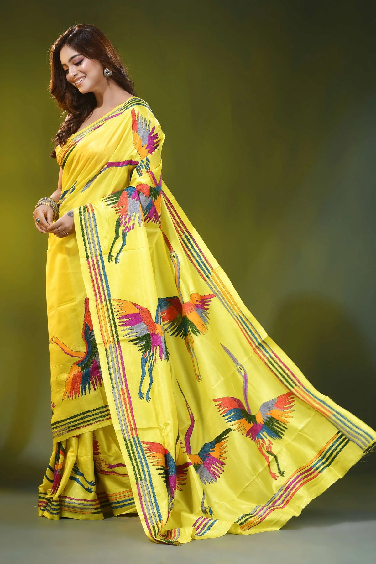 Bright yellow silk kantha stitch saree with multicolor heron motif 4