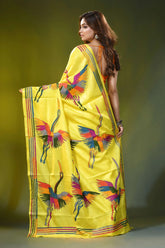 Bright yellow silk kantha stitch saree with multicolor heron motif 5