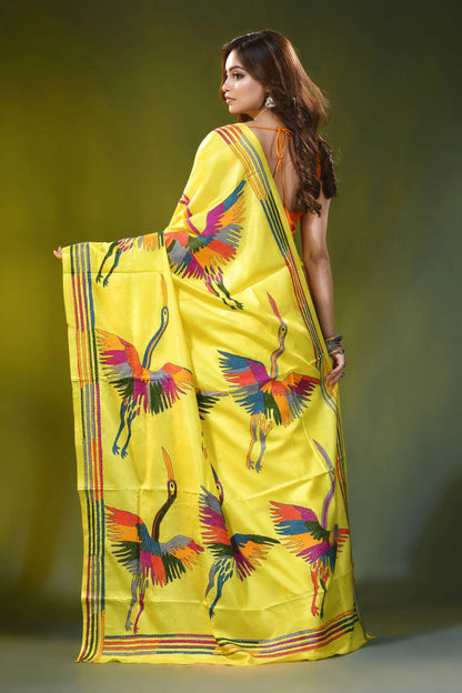 Bright yellow silk kantha stitch saree with multicolor heron motif 5