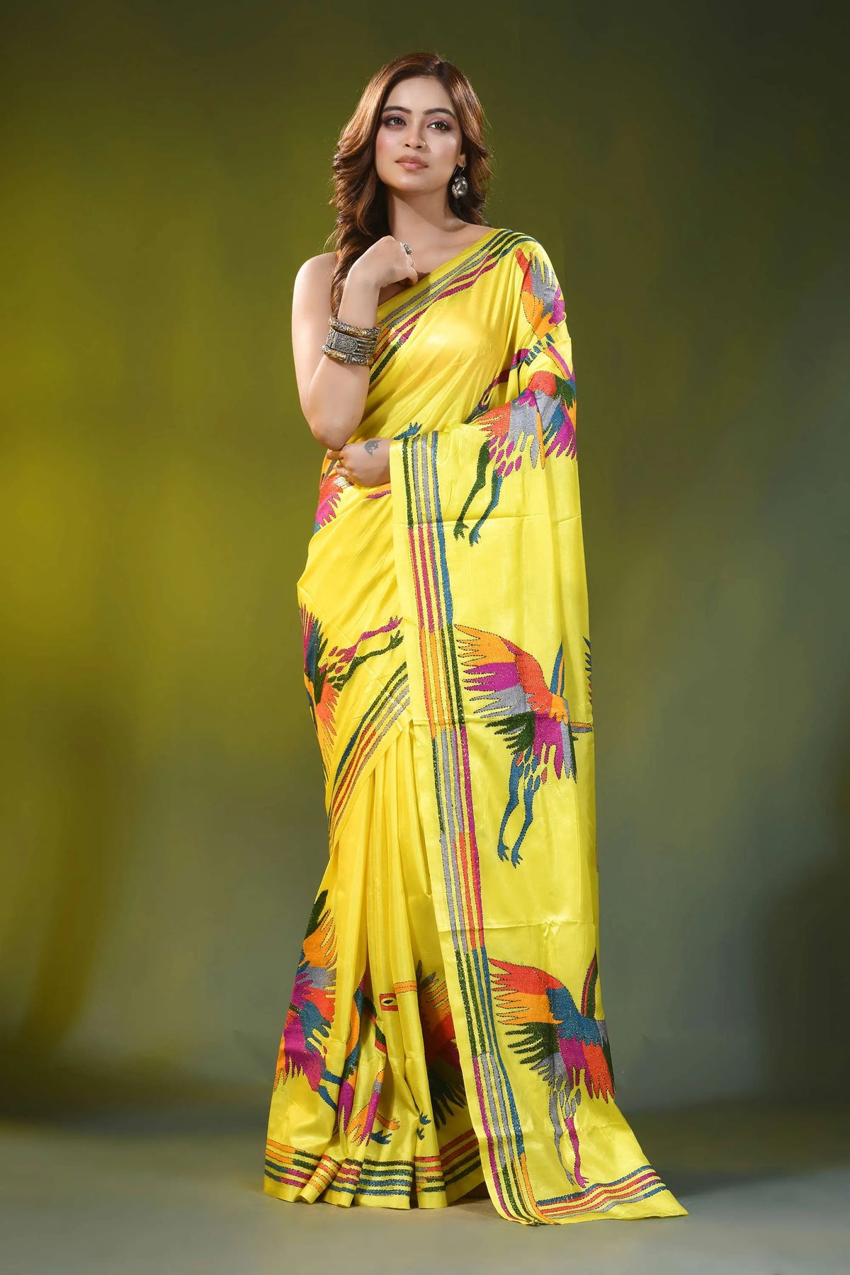 Bright yellow silk kantha stitch saree with multicolor heron motif 7