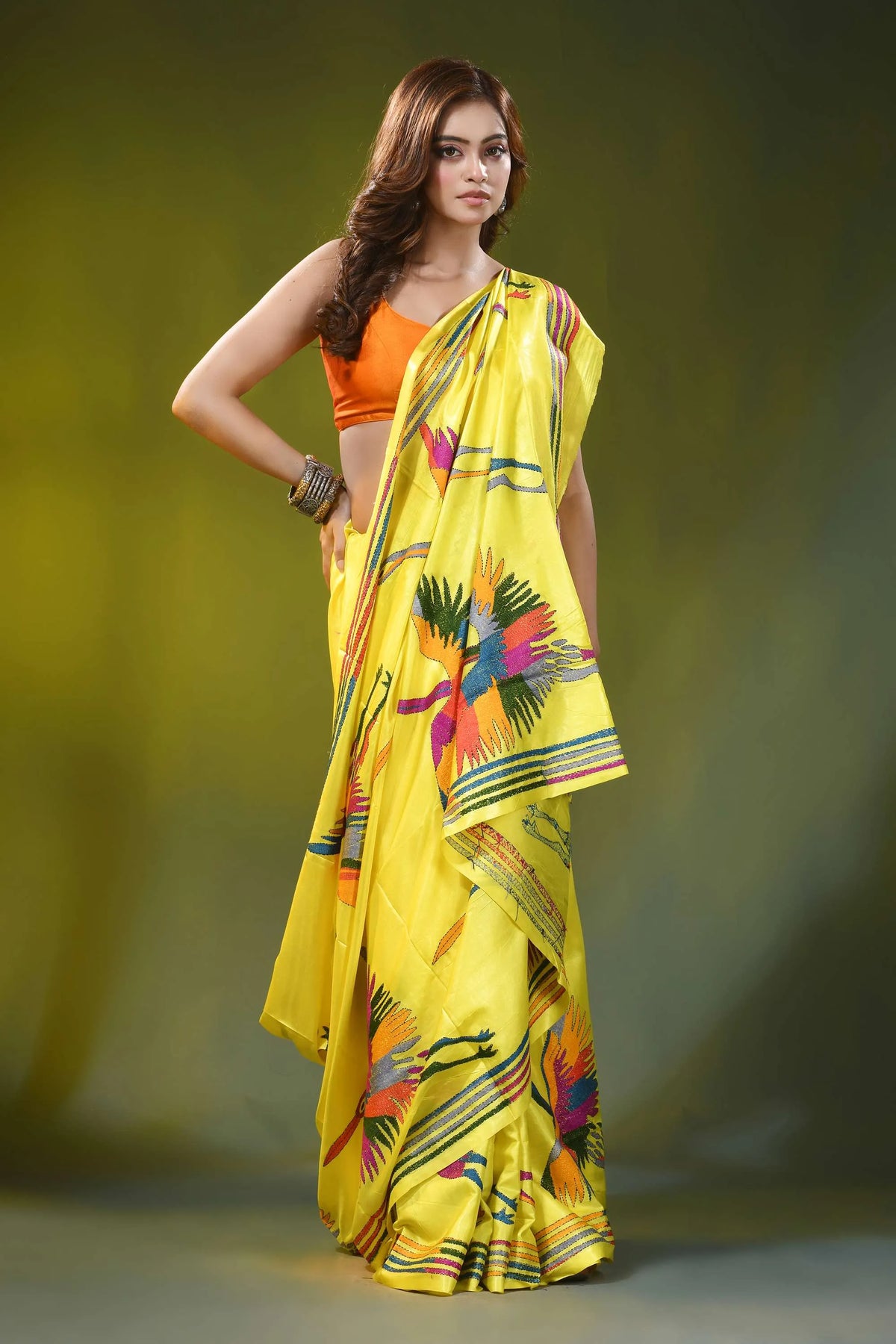 Bright yellow silk kantha stitch saree with multicolor heron motif 6